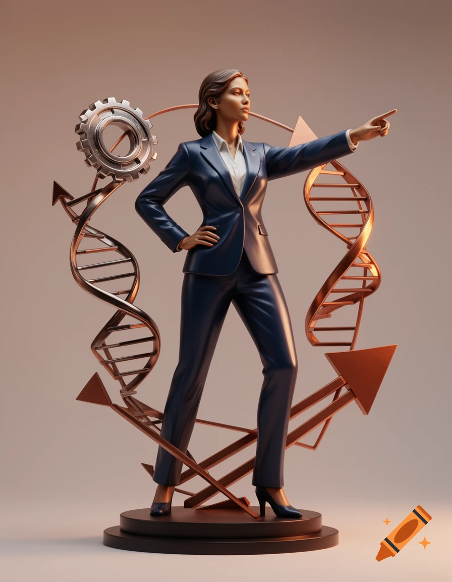 A sculpture of a confident businesswoman in a suit, pointing forward, surrounded by metallic DNA, a gear, and arrows, symbolizing progress.