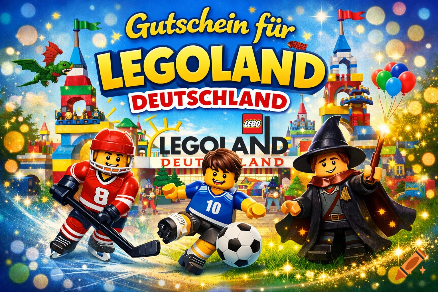 Lego-style advertisement for Legoland Deutschland voucher, showing ice hockey, soccer, and wizard minifigures with a castle.