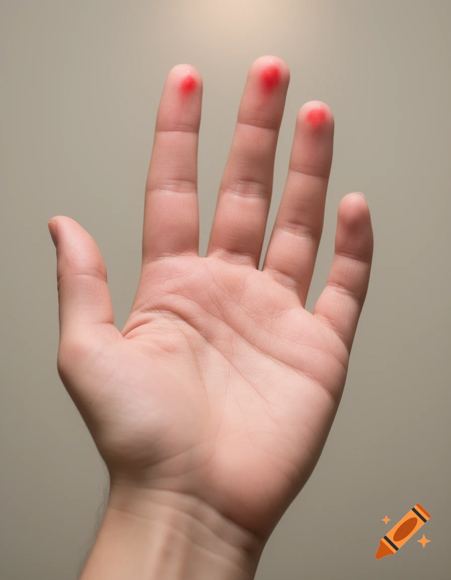 Close-up of a human right palm with red spots on three fingertips, against a beige background.
