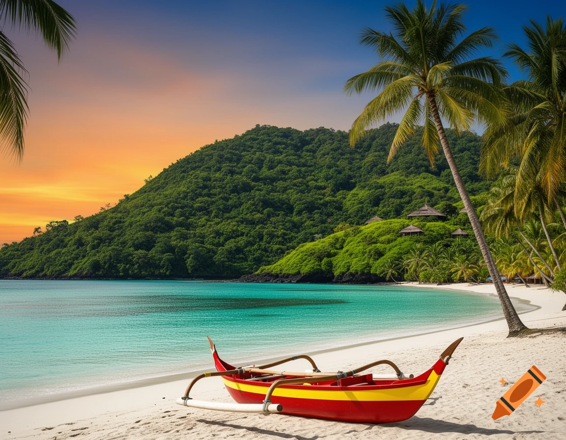 Red and yellow outrigger canoe on a white sand beach, turquoise ocean, lush green island, palm trees, and sunset sky. Photorealistic.