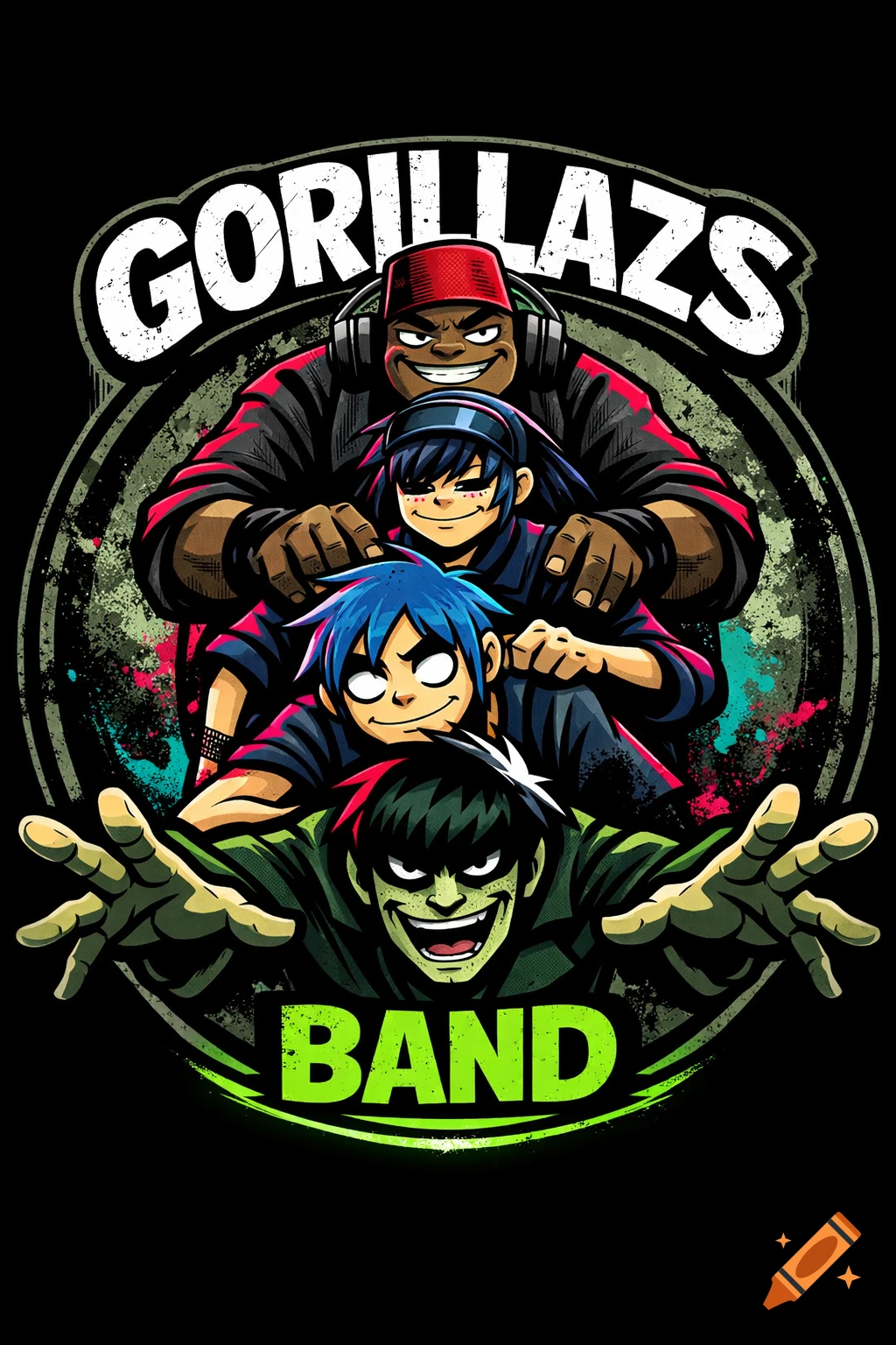 Stylized circular Gorillaz band logo with four cartoon characters stacked vertically: Russel, Noodle, 2D, and Murdoc reaching out.