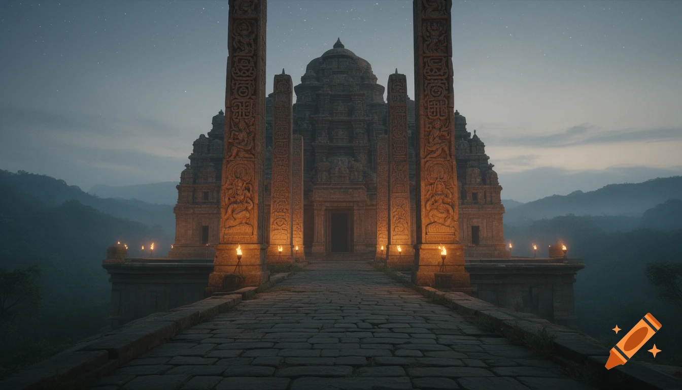 A grand, ancient temple at dusk, lit by torches, with carved pillars ...