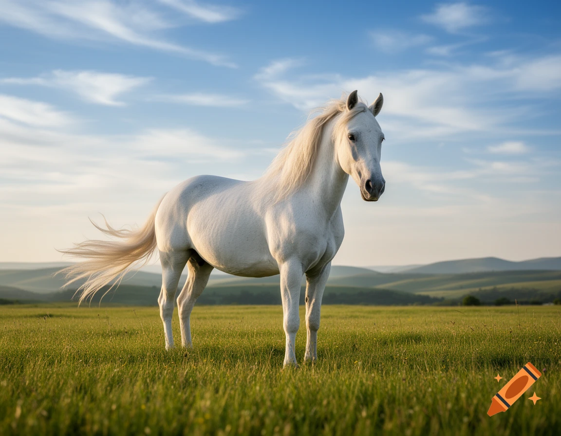 A majestic white horse stands in a lush green field under a clear blue sky with rolling hills in the background.