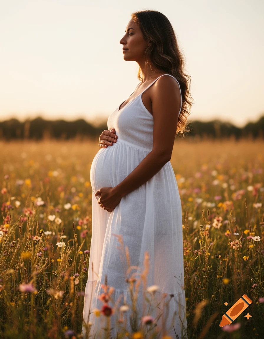 A pregnant woman in a white dress stands in a sunlit field of wildflowers.