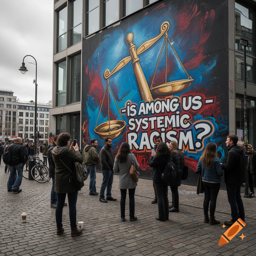 People gather in front of a building with a large mural asking "-IS AMONG US - SYSTEMIC RACISM?" next to scales of justice.