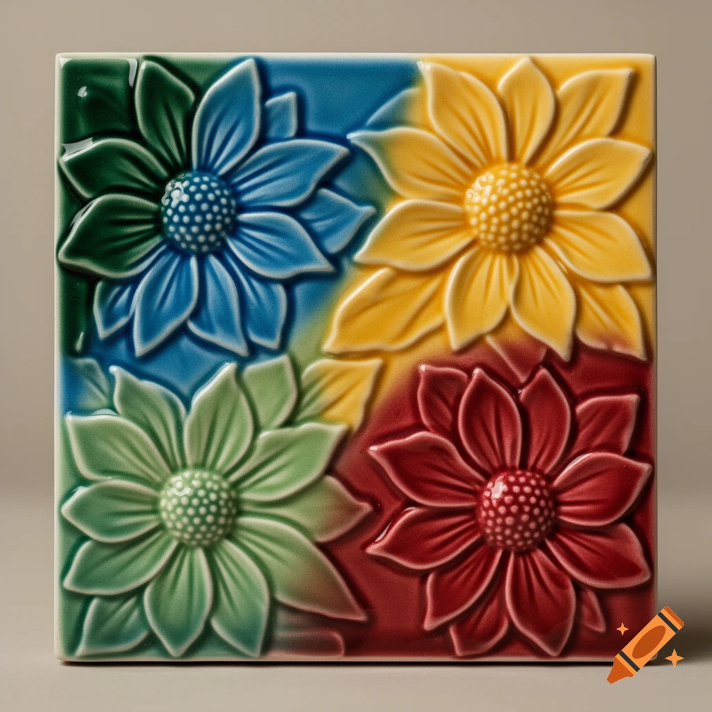 A square ceramic tile with four high-relief flower sections in blue, yellow, green, and red.