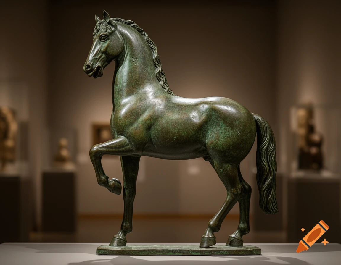 A photorealistic image of a green-patina bronze horse statue, standing with its right front leg lifted, in a museum setting.