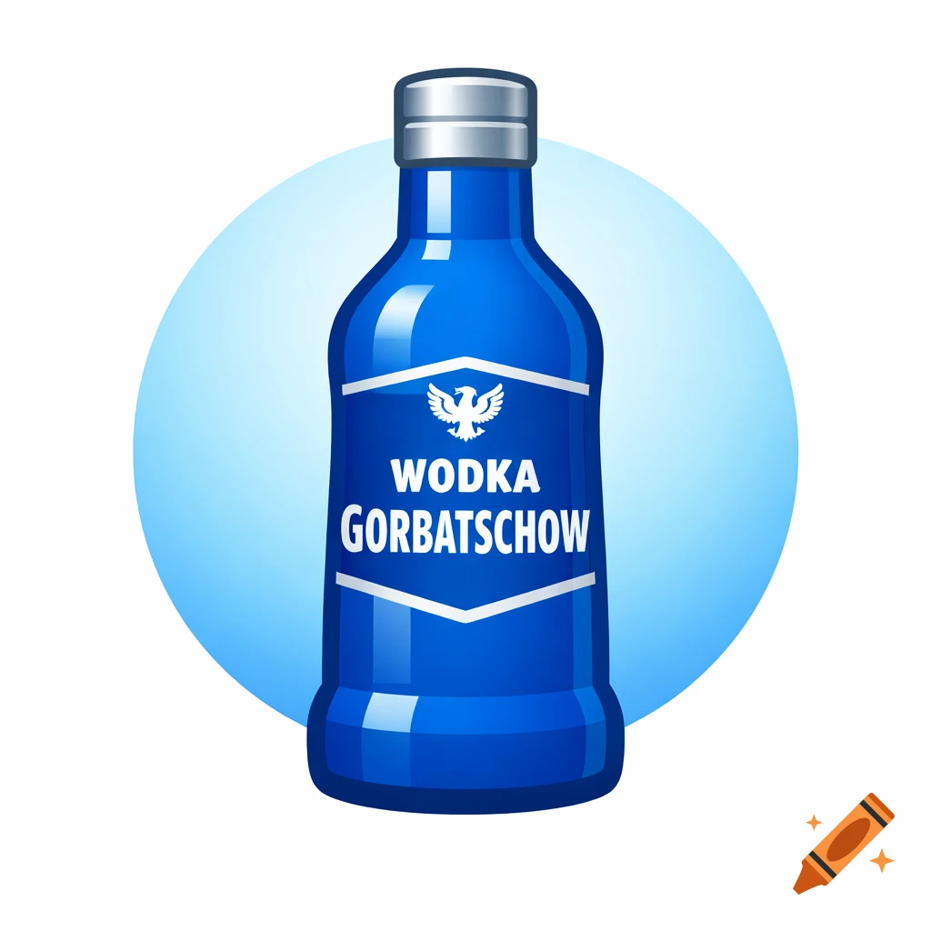 A blue Wodka Gorbatschow bottle with a silver cap, depicted in an emoji-like illustration style, against a light blue circle background.