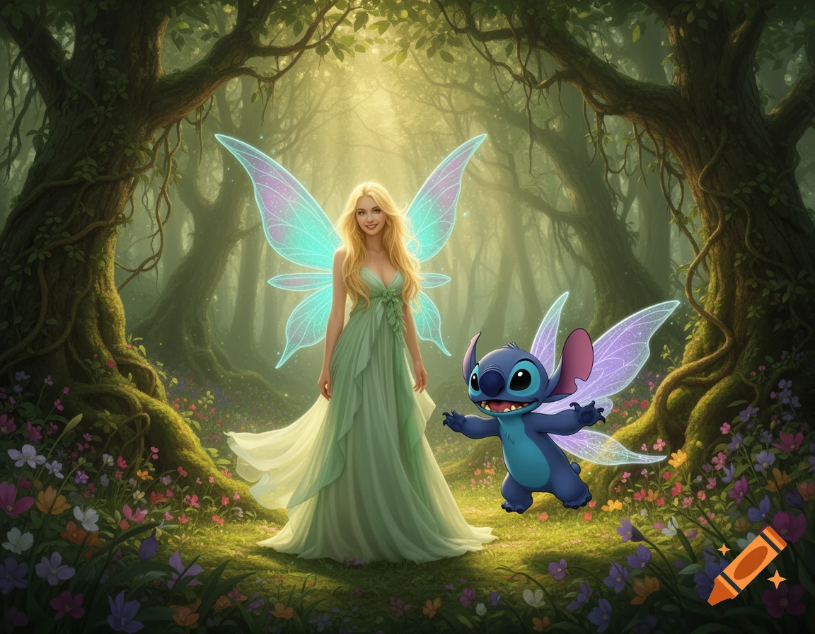 A blonde woman in a green dress with fairy wings stands next to Stitch, also with fairy wings, in a magical forest filled with flowers and glowing light.