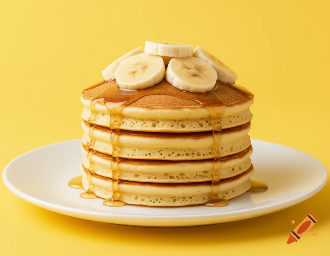 Stack of golden pancakes topped with banana slices and syrup dripping down on a white plate against a yellow background.