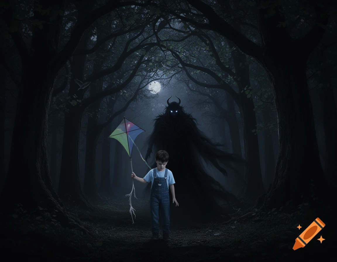 A young boy with a kite walks through a dark, misty forest at night, followed by a horned, shadowy monster with glowing blue eyes under a full moon.