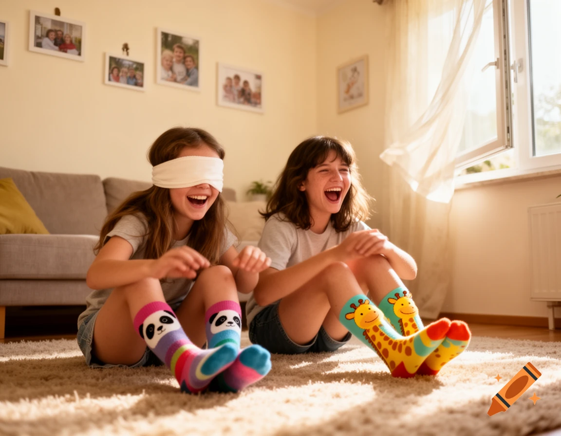 Two girls playing an indoor blindfold game, one in panda socks and the other in giraffe socks, laughing.