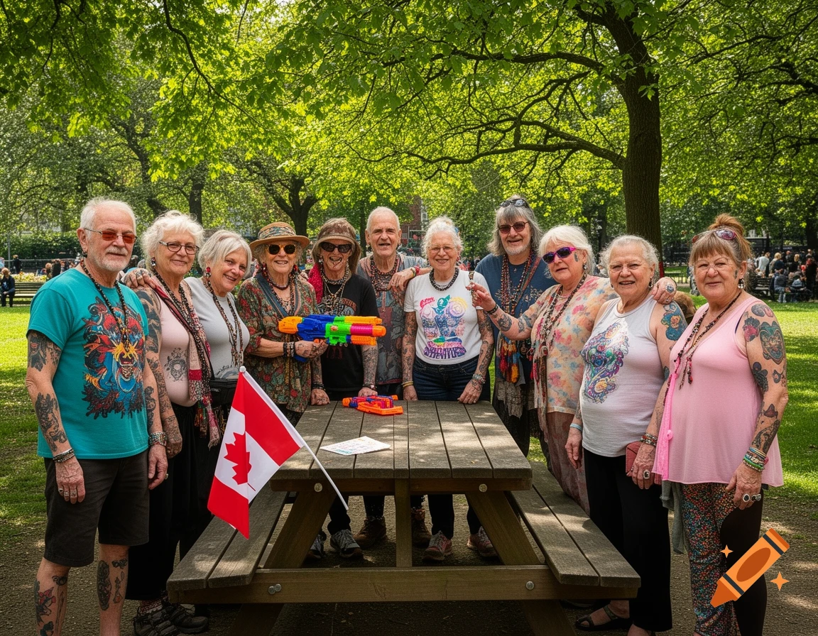 A group of tattooed seniors stands around a picnic table with water guns and a Canadian flag in a sunny park.