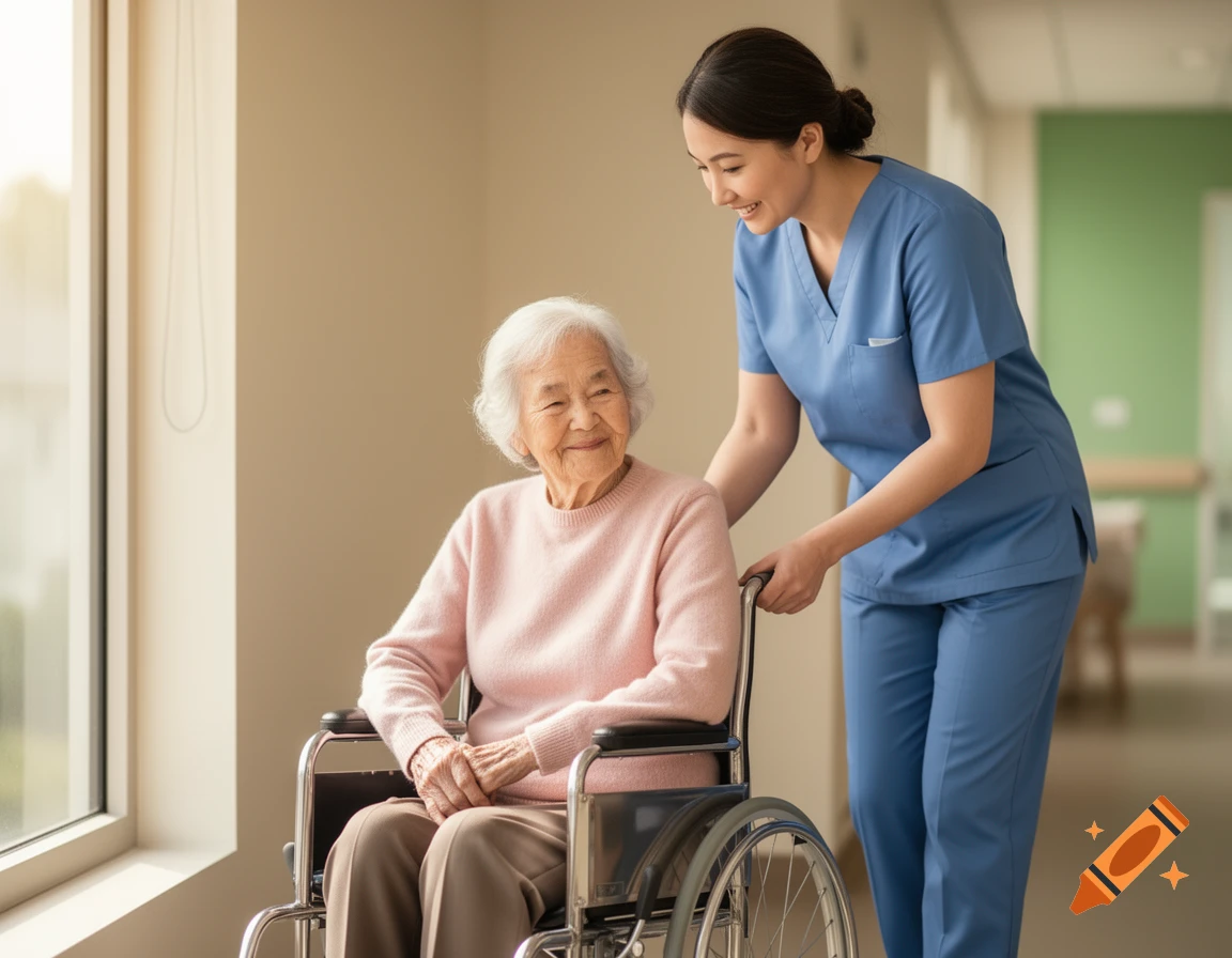 A smiling healthcare worker in blue scrubs pushes an elderly Asian woman in a wheelchair down a sunlit hallway.