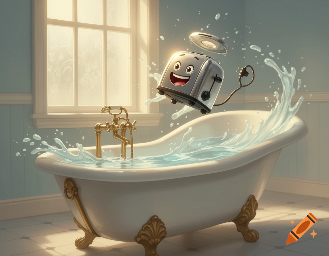 A happy animated toaster with a plug doing a cannonball into a claw-foot bathtub, splashing water.