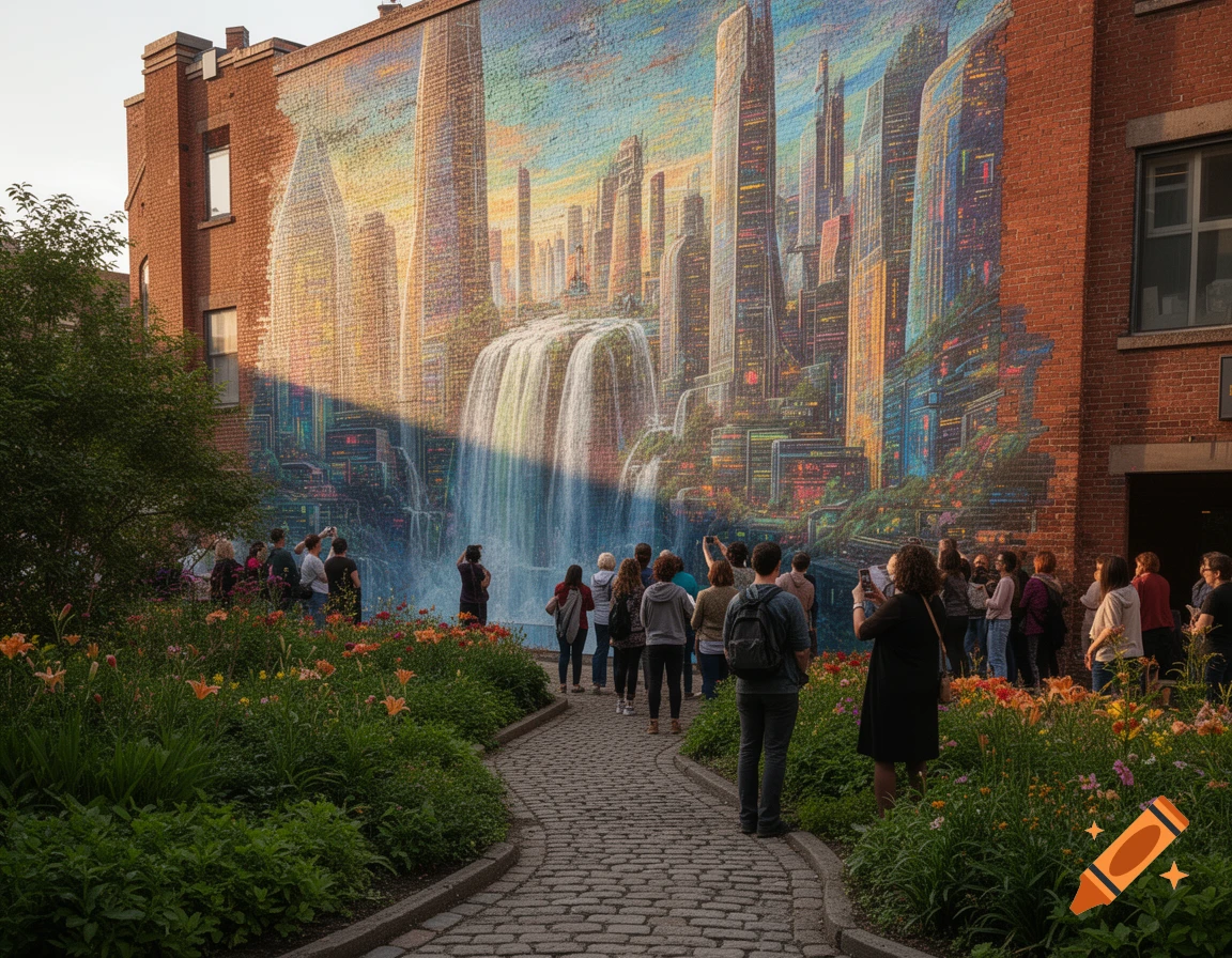 People gather along a cobblestone path in a lush garden, admiring a vibrant mural on a brick building depicting a futuristic cityscape with flowing waterfalls.