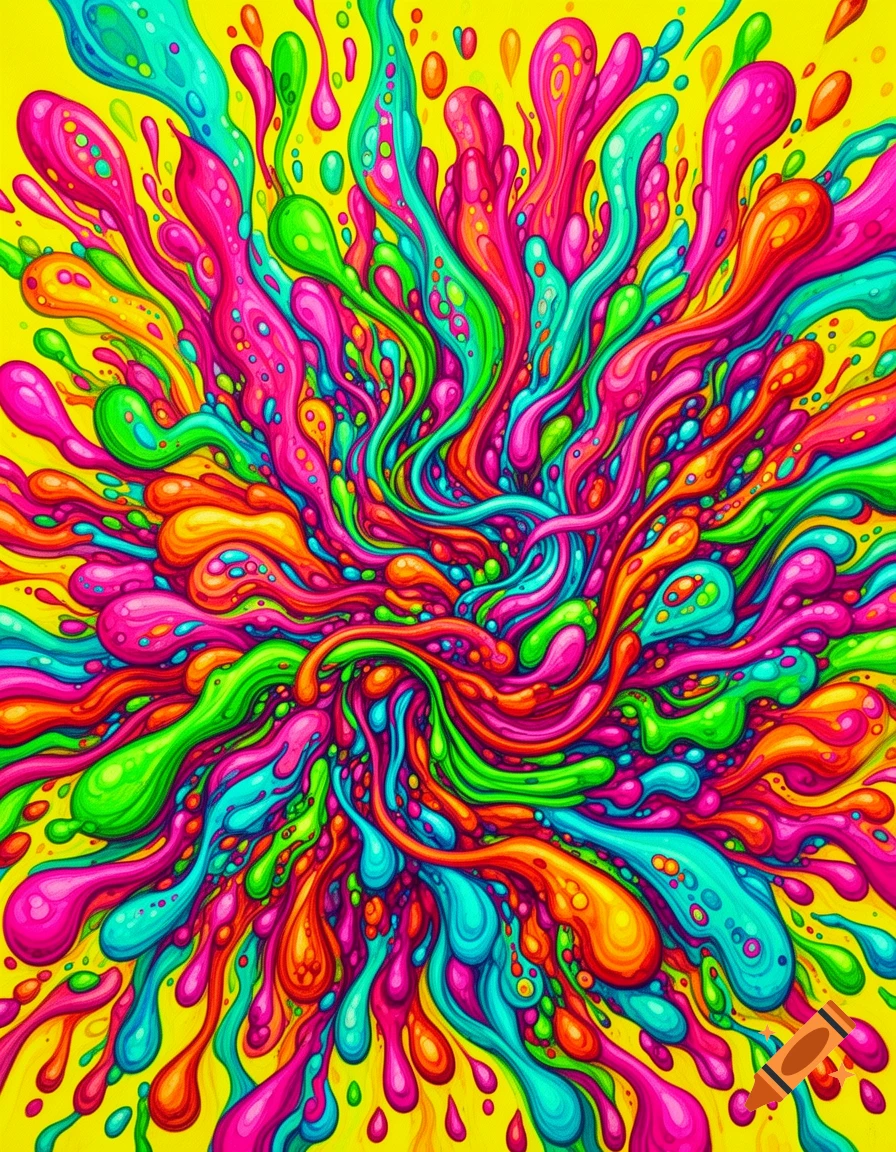 A vibrant abstract explosion of colorful, flowing shapes, gloppy blobs, and drips in neon pink, green, turquoise, and orange on a bright yellow background.