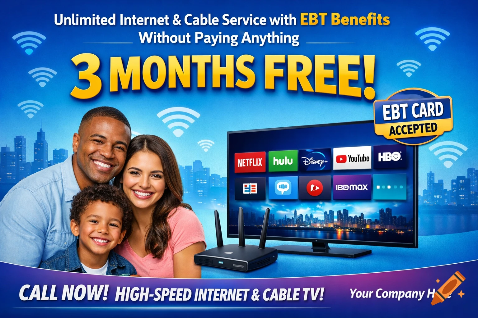 A professional advertisement for internet and cable service featuring a smiling diverse family, a smart TV with streaming apps, and a WiFi router, against a blue city skyline background.