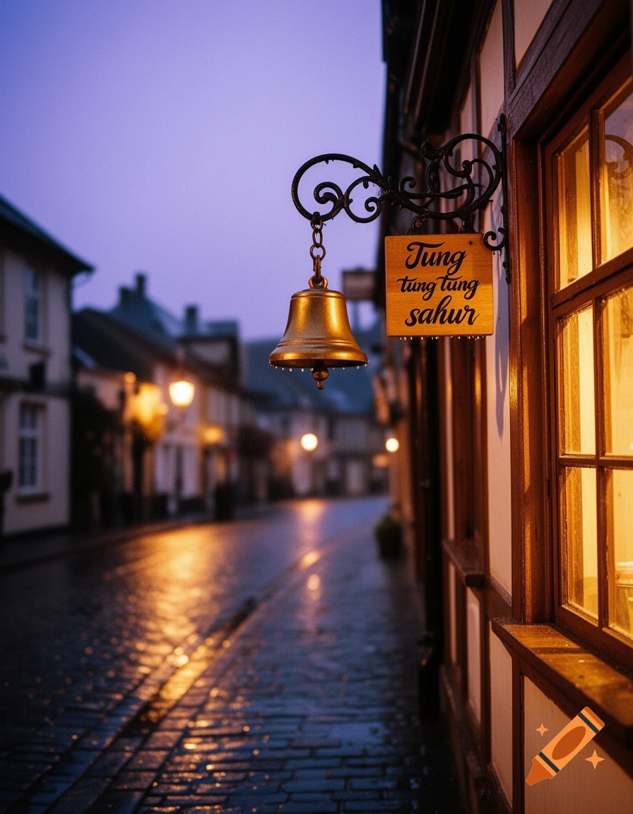 A golden bell and a wooden sign reading 'Tung tung tung sahur' hang from a building on a wet cobblestone street at dusk.