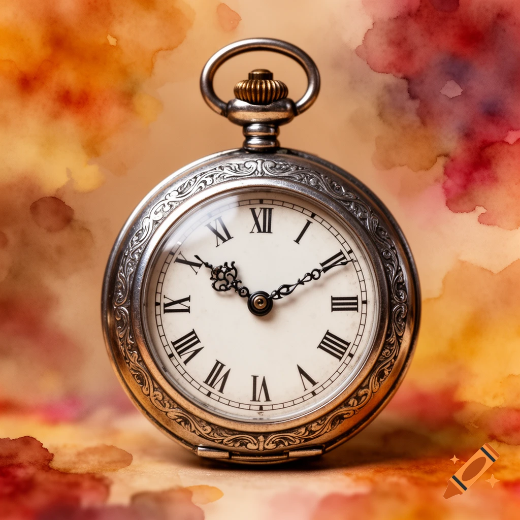 Close-up of an ornate silver antique pocket watch with Roman numerals on a white face, set against a warm, watercolor-style background with blurred orange and red splotches.