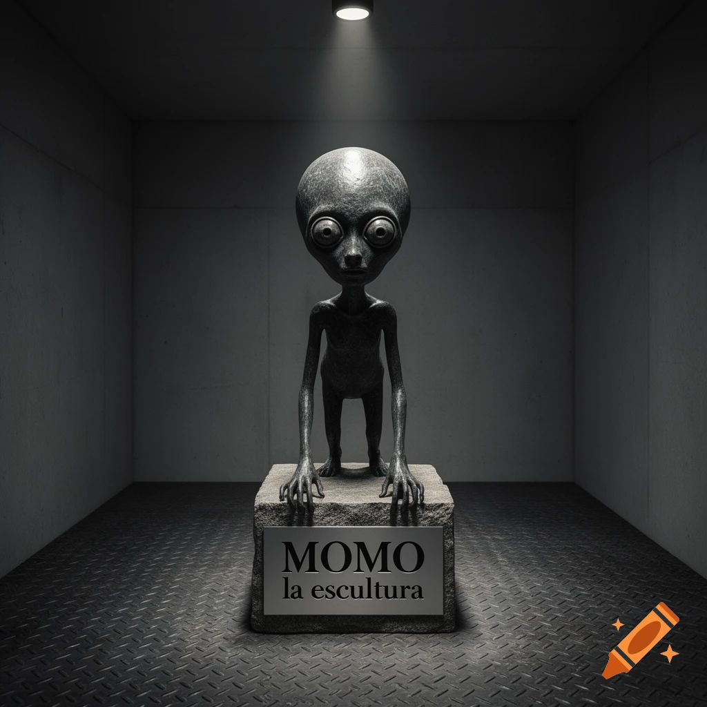 A creepy, grey alien-like statue named 'MOMO la escultura' on a pedestal in a dark, concrete room with a spotlight.