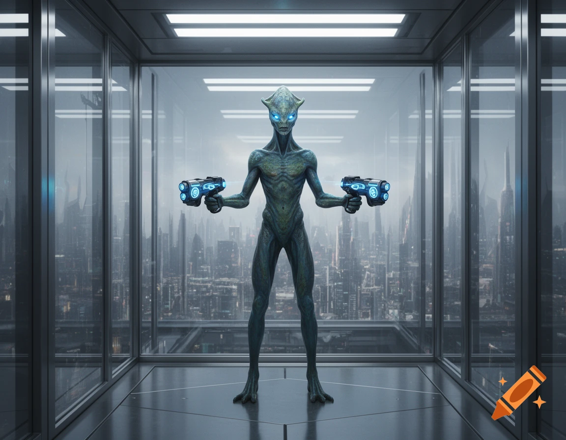 A green alien with glowing blue eyes stands in a glass room, holding two laser guns, overlooking a futuristic city.