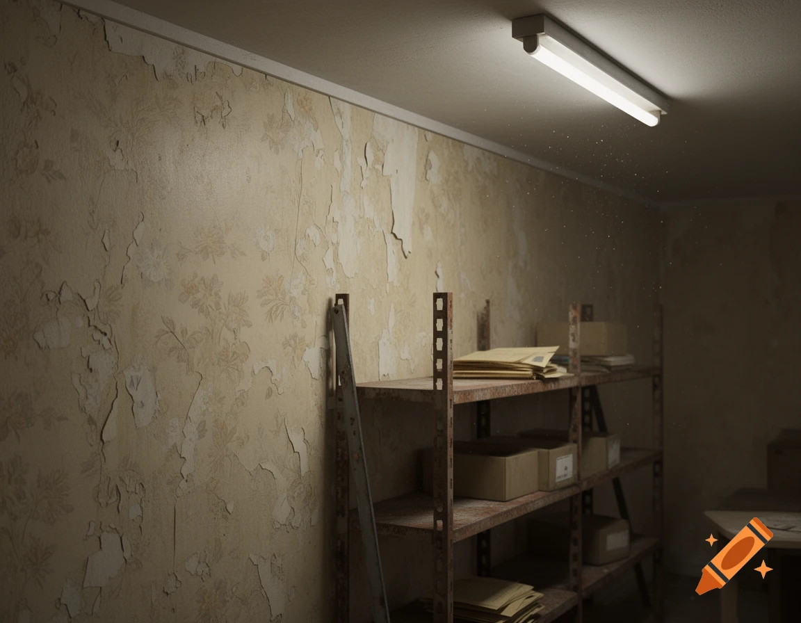 A dimly lit, rundown room with peeling floral wallpaper, rusty metal shelves, boxes, papers, and a fluorescent light fixture.