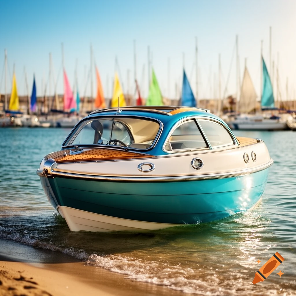 A unique boat designed like a vintage car, half-submerged on a sandy shore with colorful sailboats in a sunny marina background.