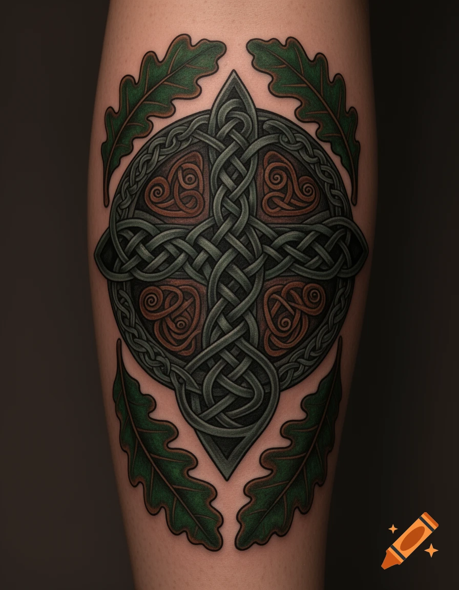 A detailed green, brown, and gray Celtic knot cross tattoo surrounded by oak leaves on a person's leg.