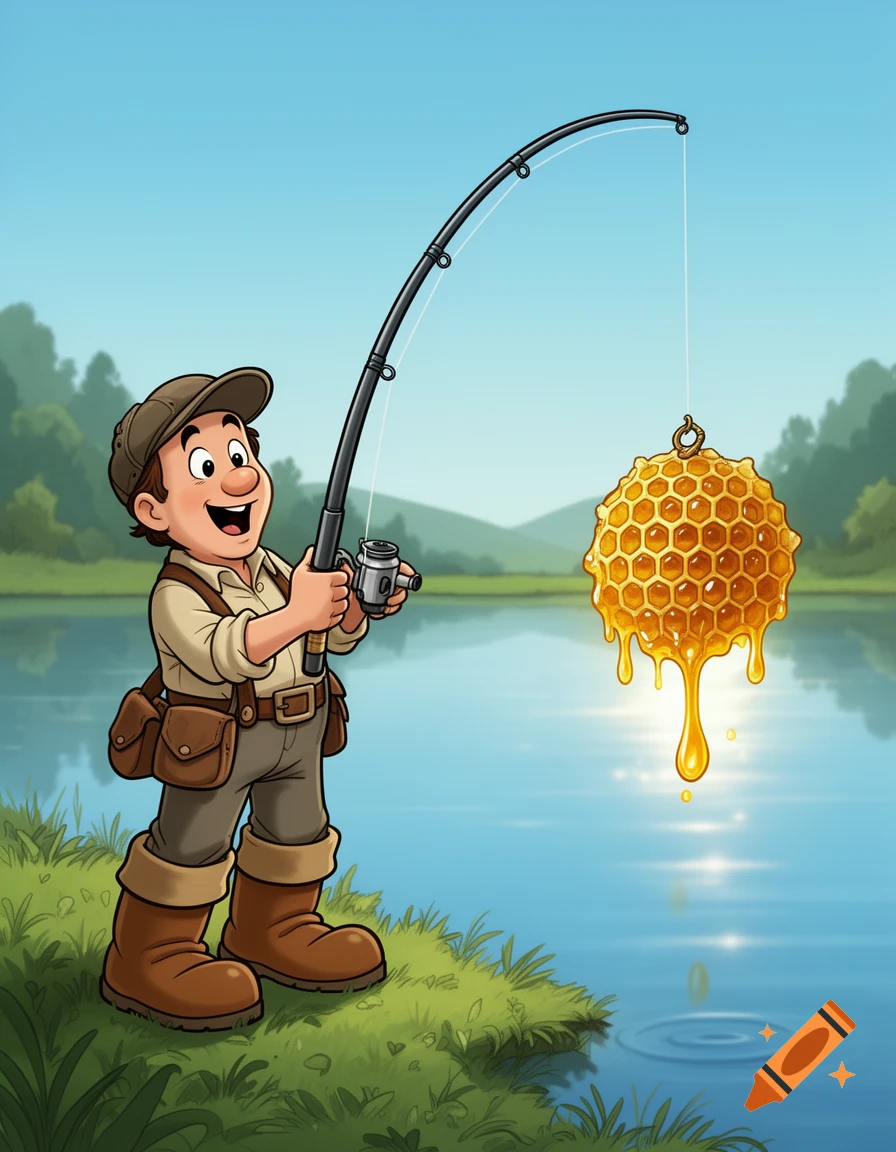 A happy cartoon fisherman holds a fishing rod with a dripping honeycomb on the hook, standing by a lake with hills in the background.