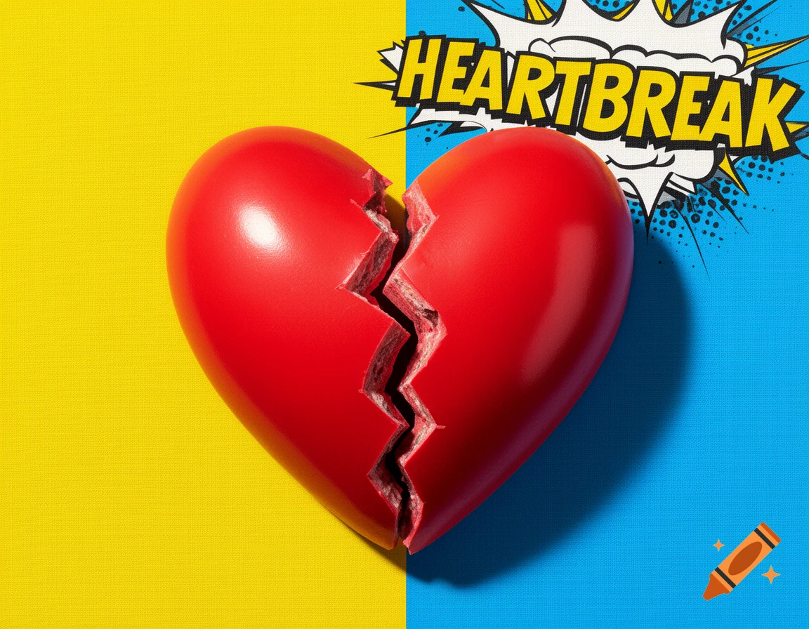 A red broken heart set against a yellow and blue split background with a pop art speech bubble saying 'HEARTBREAK'.