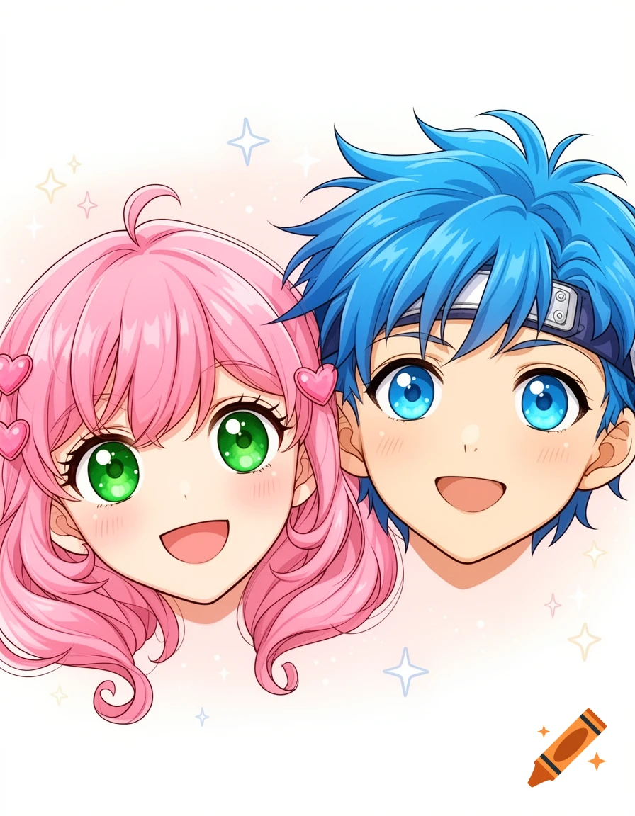 Smiling anime boy with blue hair and girl with pink hair, both with big eyes.