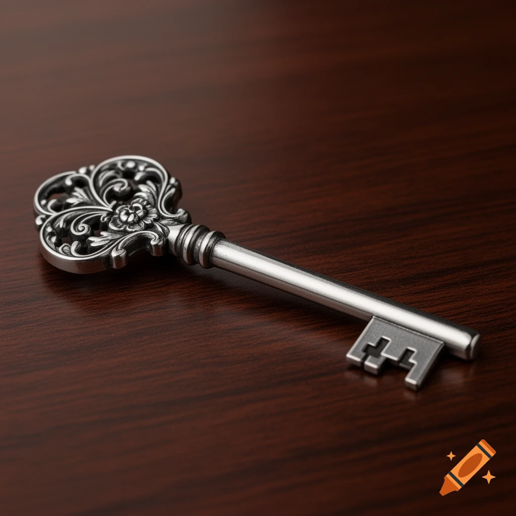 A detailed silver skeleton key with an ornate, floral bow rests on a dark wooden surface.