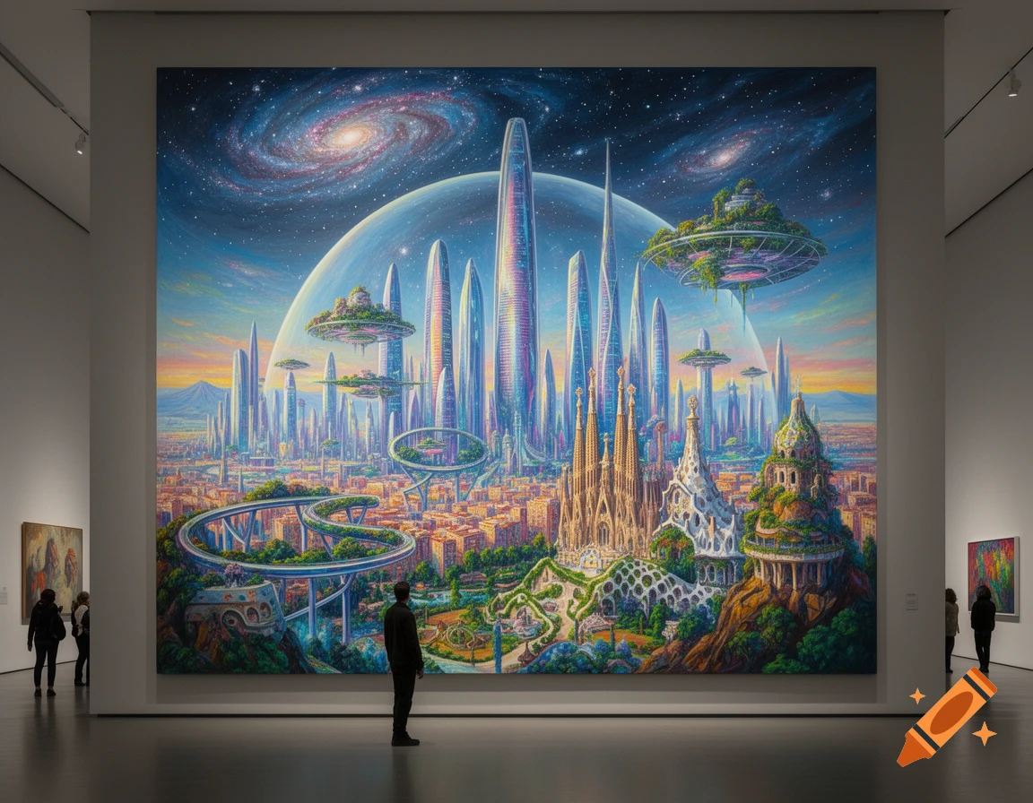 A large painting of a vibrant, futuristic cityscape with skyscrapers and flying islands under a cosmic sky, displayed in an art museum.