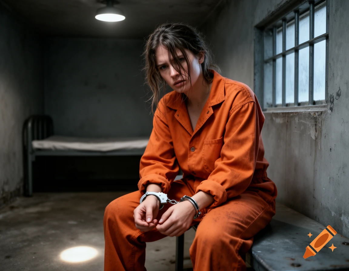 A distressed woman in an orange prison jumpsuit and handcuffs sits on a bench in a dimly lit cell, a bed in the background.