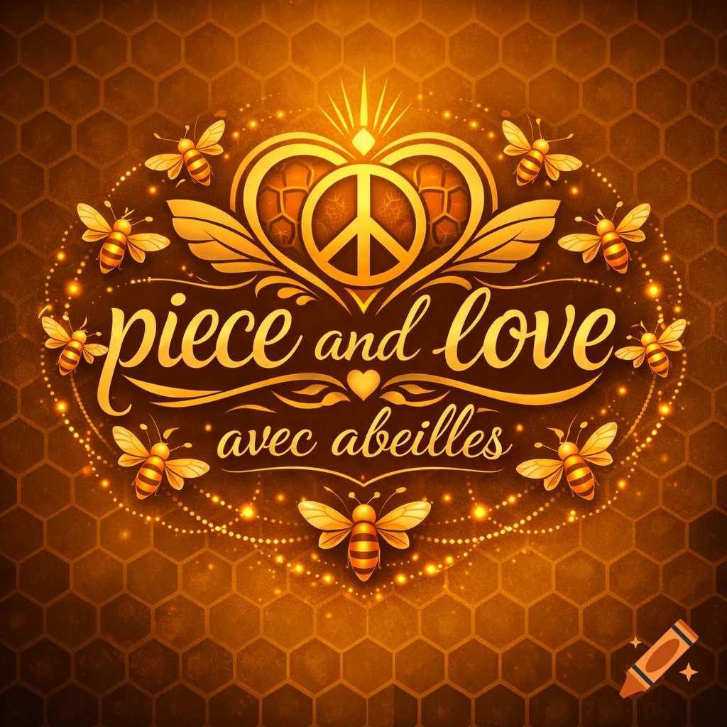 Golden logo with 'piece and love' text, a heart-shaped peace symbol, and circling bees on a honeycomb background.
