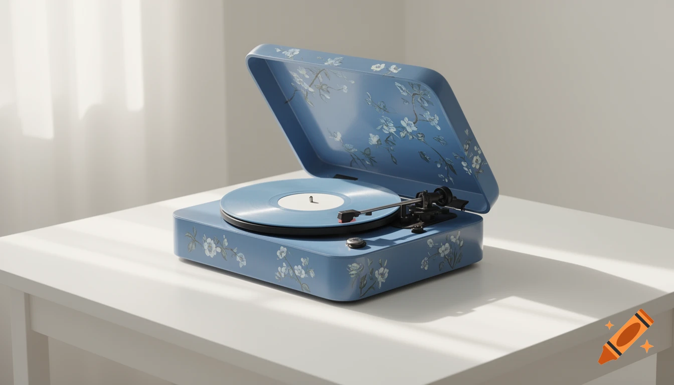 A blue record player with white floral patterns sits on a white table, illuminated by sunlight.
