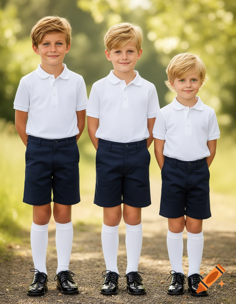 Three young boys in white polo shirts, navy shorts, white knee socks, and black shoes stand outdoors, hands behind backs, smiling timidly.