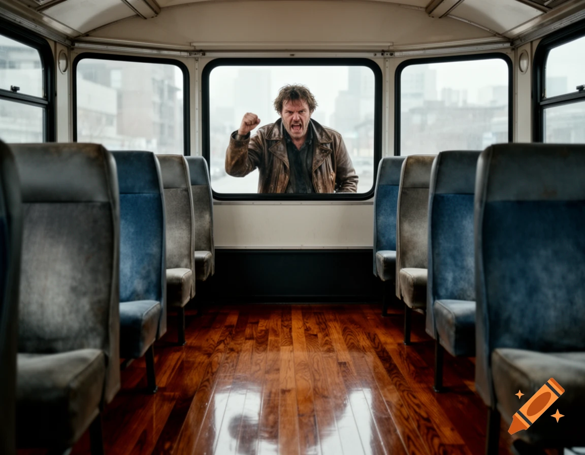 A photorealistic image of the interior of a vintage bus with glossy wooden floors, looking towards the front where an angry man in a leather jacket stands outside the window.