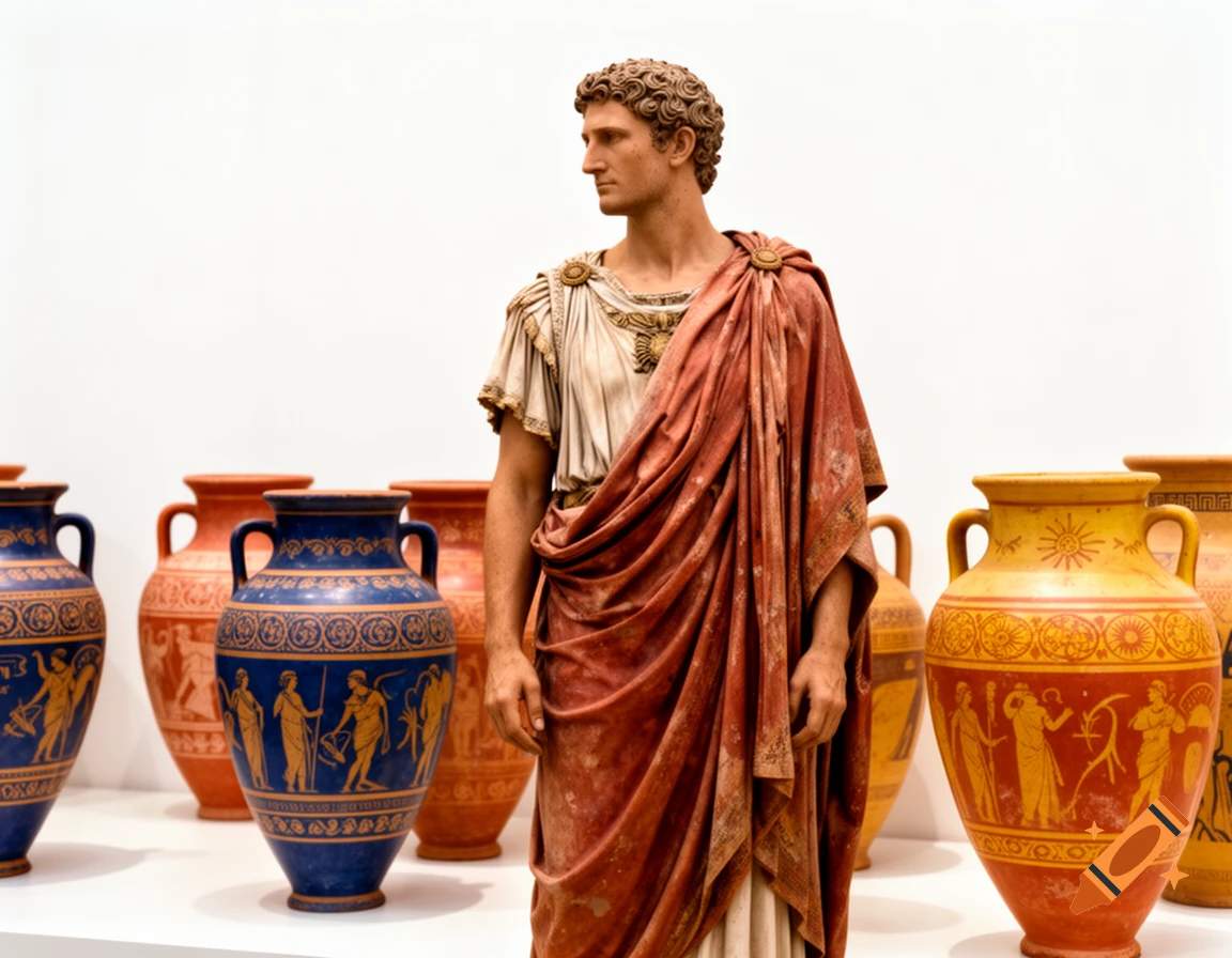 A detailed Roman statue of a man in a toga stands among colorful ancient Roman pottery on a white background.