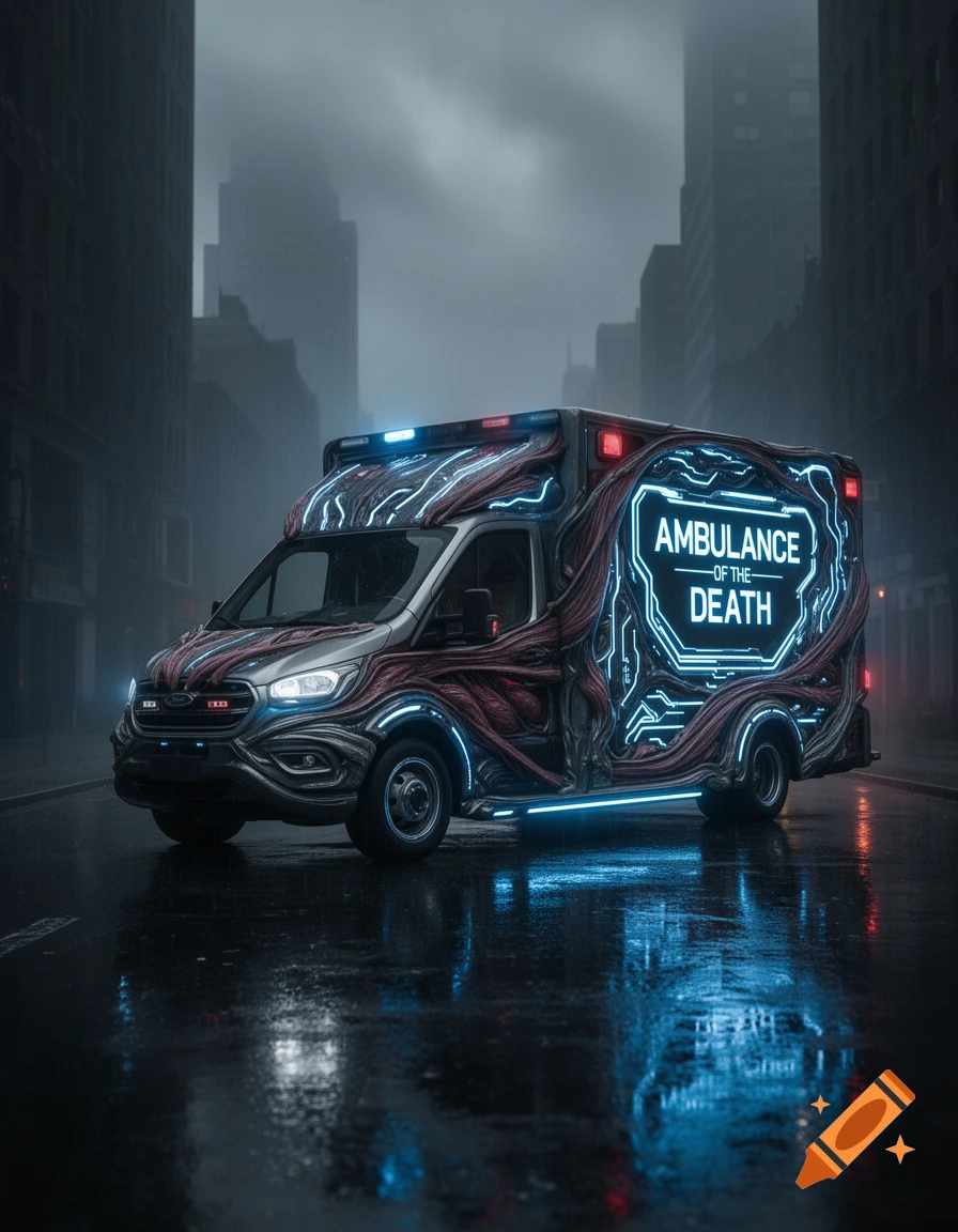 A futuristic, biomechanical ambulance with a neon sign reading 'AMBULANCE OF THE DEATH' parked on a dark, wet city street.