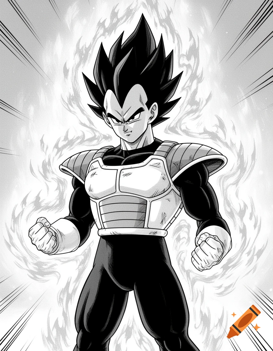 Vegeta, a muscular Saiyan warrior, clenches his fists amidst a black and white aura in manga style.