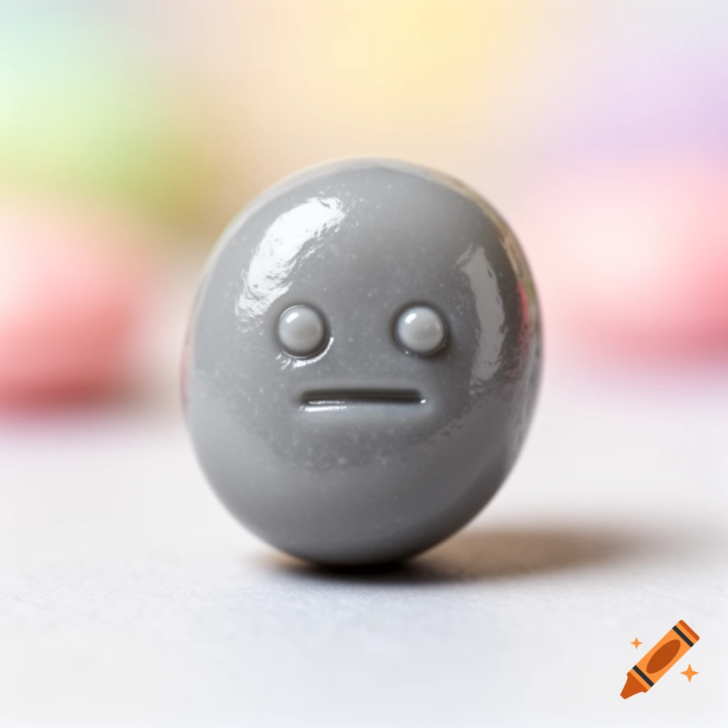 A close-up of a glossy gray jelly bean with a neutral, indifferent expression, set against a soft, colorful background.