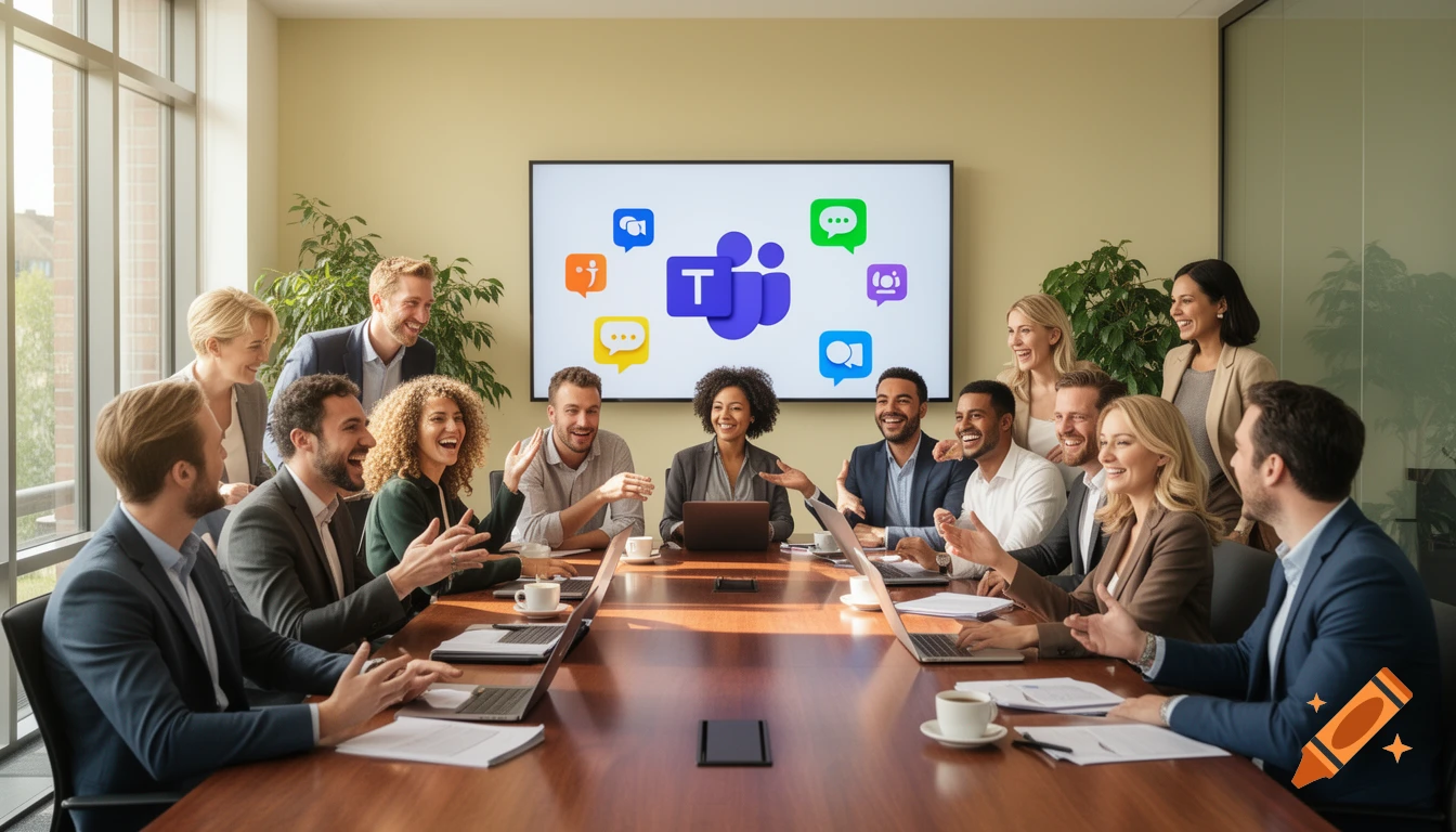 A diverse group of smiling business professionals in a meeting room, with a screen showing the Microsoft Teams logo.