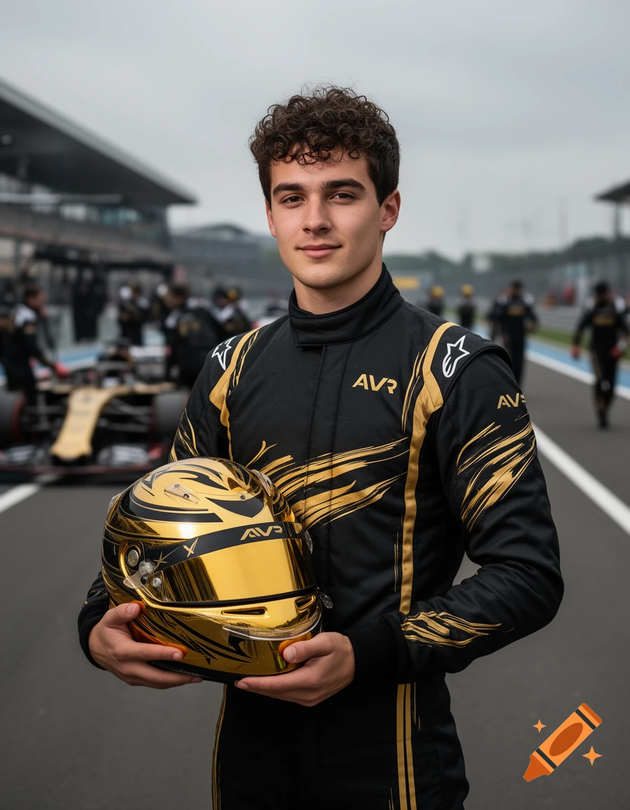 Young male F1 driver in black and gold racing suit, holding a gold helmet on a racetrack.