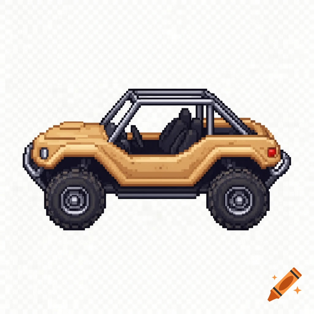 Desert tan pixel art dune buggy, side view, on a transparent background, in an 8-bit retro style.