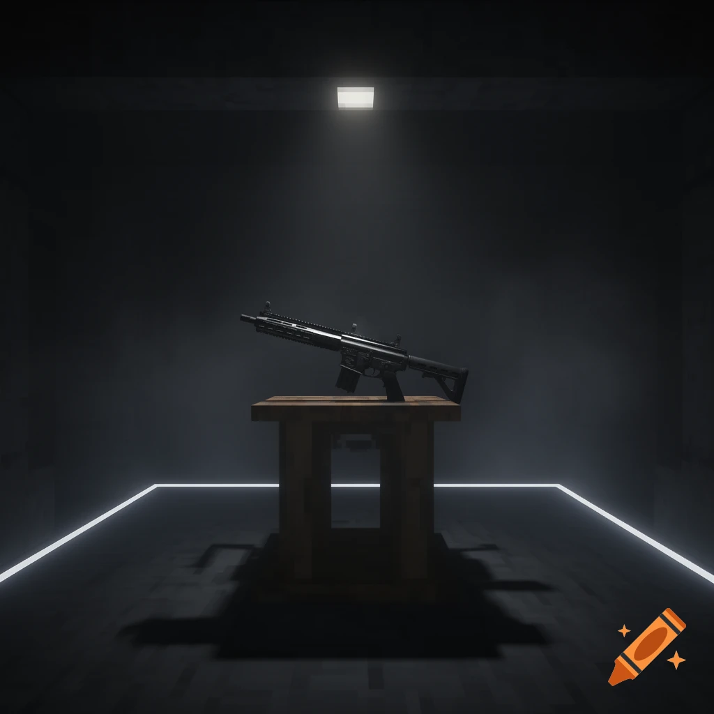A dark, minimalist render of a rifle on a wooden pedestal, lit by a single overhead light and neon floor lines.