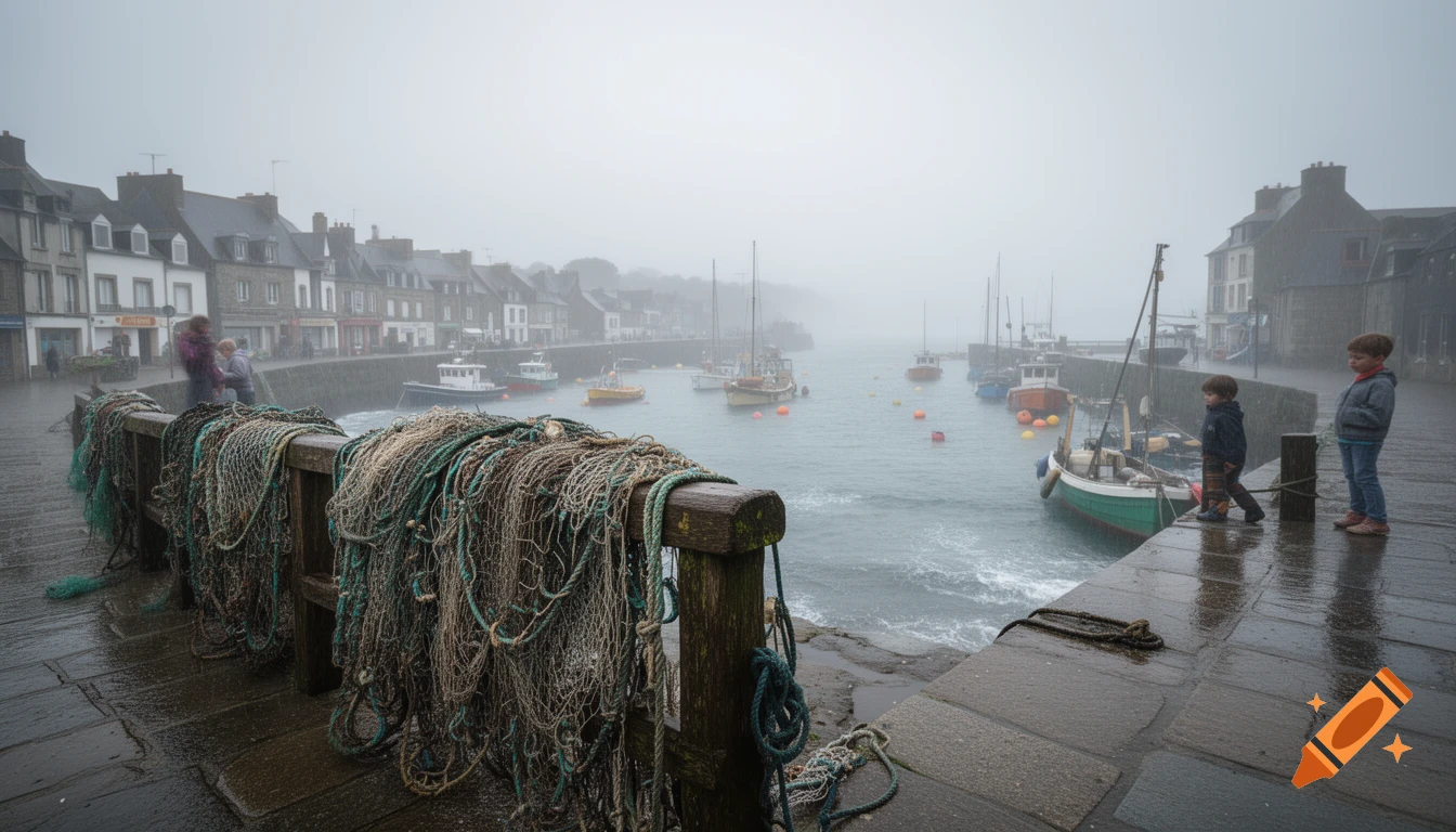 Misty photorealistic scene of a Breton port with fishing nets, boats, children on a pier, and stone buildings.