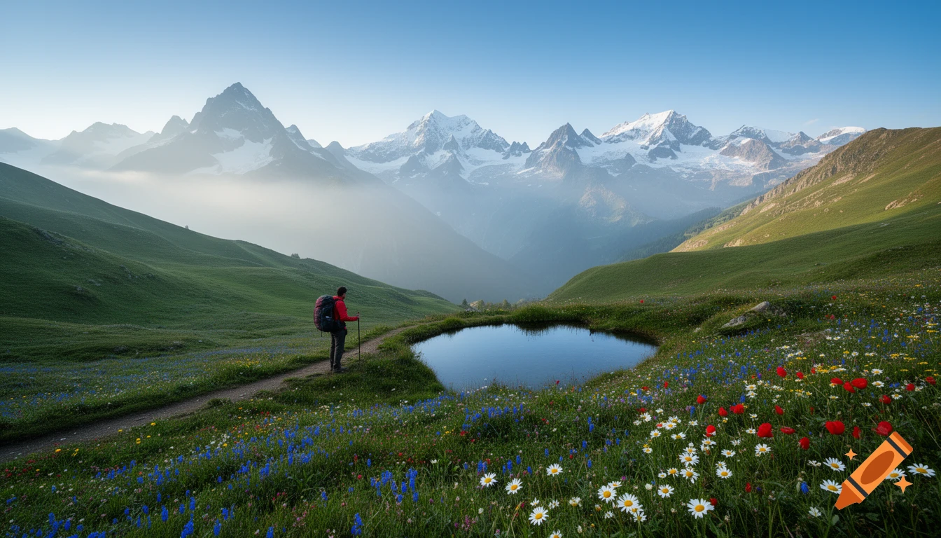 A hiker on a trail by a reflective pond, surrounded by colorful wildflowers, with snow-capped mountains in the background under a clear sky.