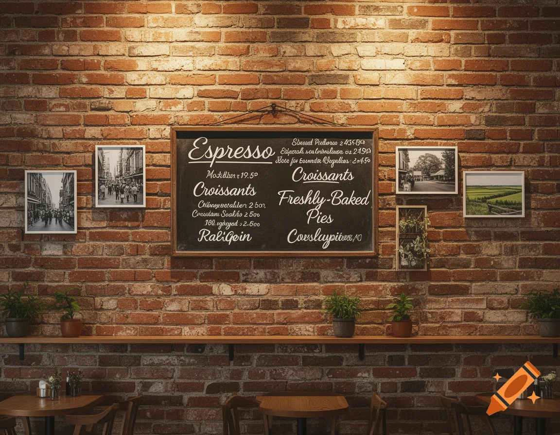A warmly lit brick wall in a cafe features a chalkboard menu listing espresso, croissants, and pies, flanked by small framed pictures and potted plants above a wooden shelf and tables.